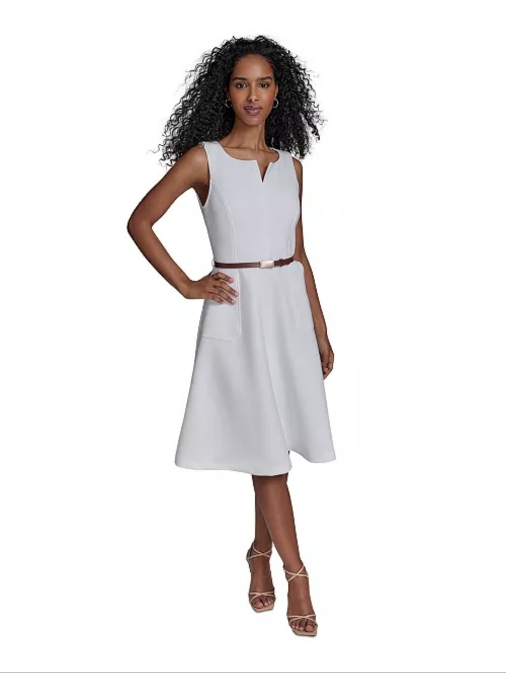 NWT Calvin Klein White Sleeveless Belted Midi Dress Size 6 Career Office Sheath